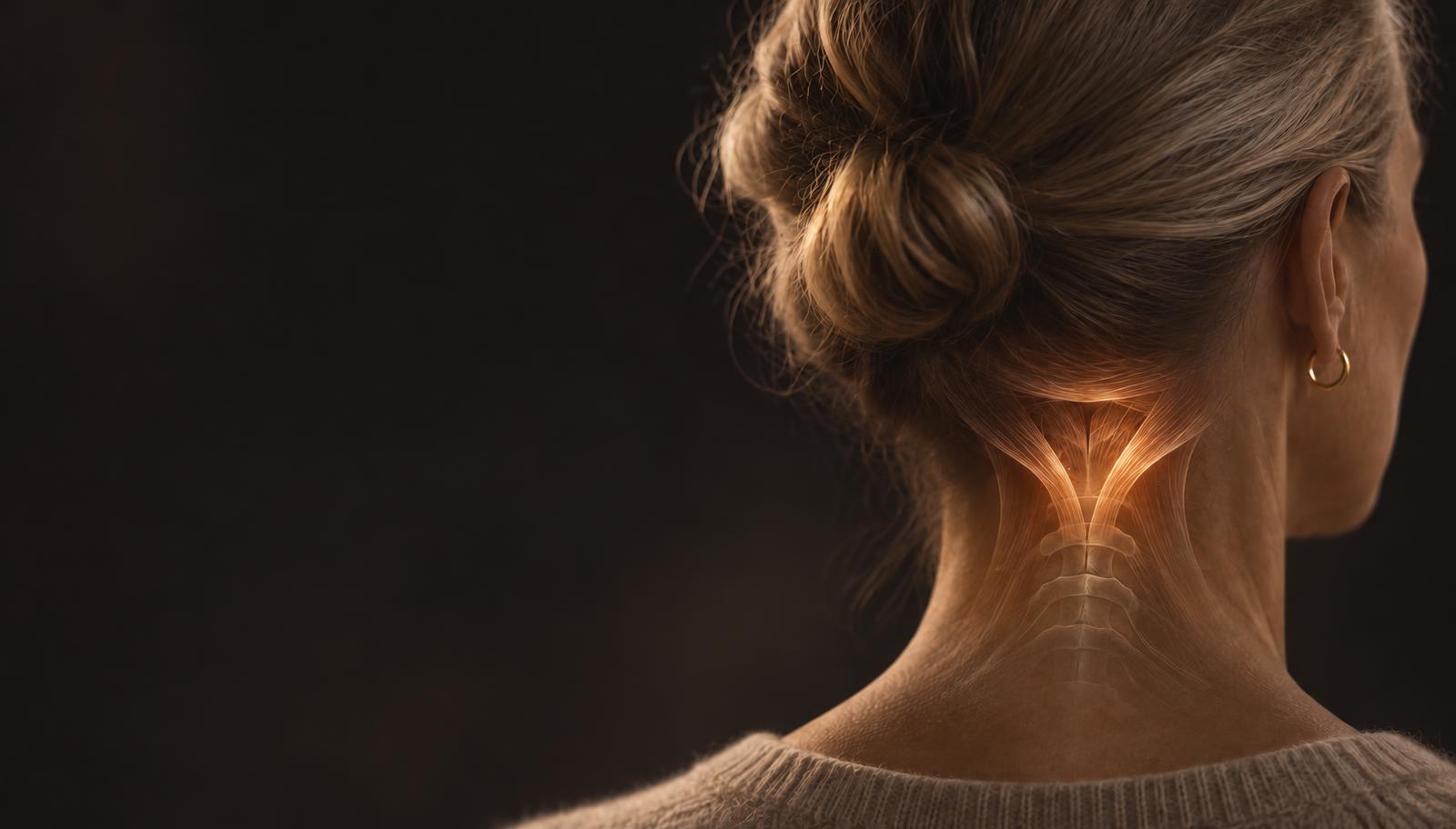 Vrouw van achteren met de diepe spieren aan de schedelbasis zacht uitgelicht